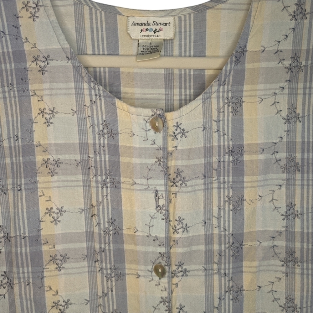 Vintage 90s Prairie Pinafore Cotton Plaid Embroidered Maxi Dress S - Picture 12 of 13